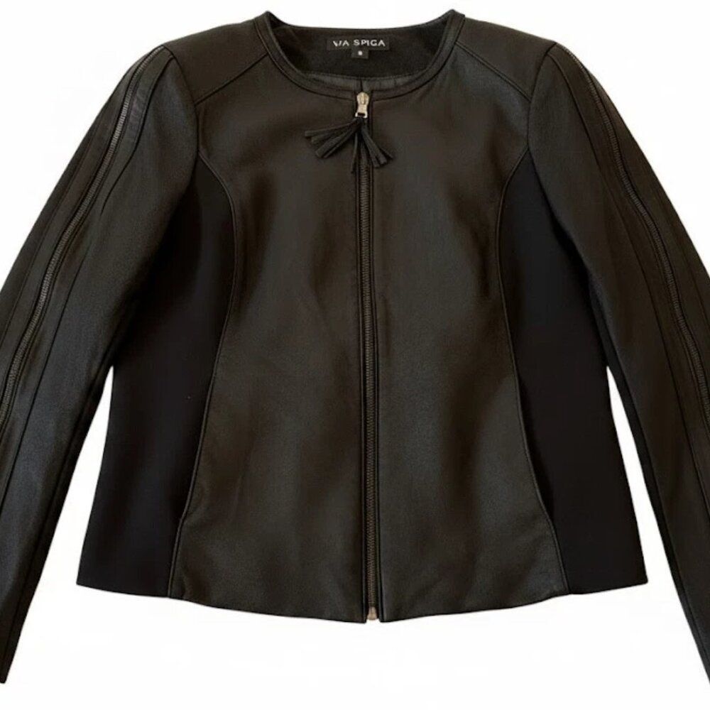 Via Spiga Women's Zip Collarless Jacket with Knit Trim Black Outerwear, Small